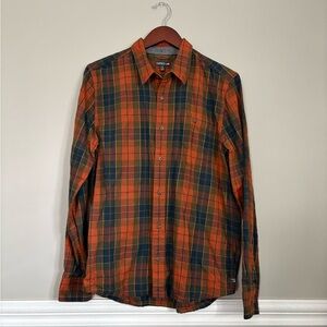 Toad&Co Men's Vibrant Orange and Navy Plaid Long Sleeve Button Down Shirt Size M